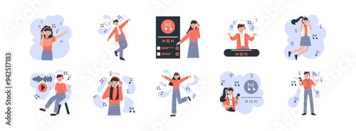 Listen to Music Character flat illustration set. Include of music, happy, man, listen, and earphones. Vector illustration isolated transparent background