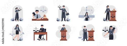 Lawyer Character flat illustration set. Include of office, judge, person, occupation, justice, and legal. Vector illustration isolated transparent background