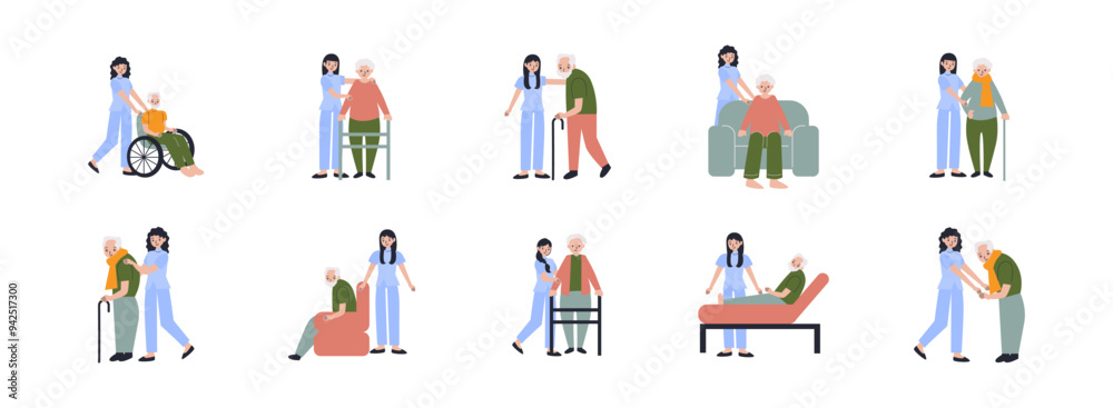 Nursing Home Character flat illustration set. Include of elderly, senior, retirement, nurse, and healthcare. Vector illustration isolated transparent background Nursing Home Character flat illustration set. Include of elderly, senior, retirement, nurse, and healthcare. Vector illustration isolated transparent background