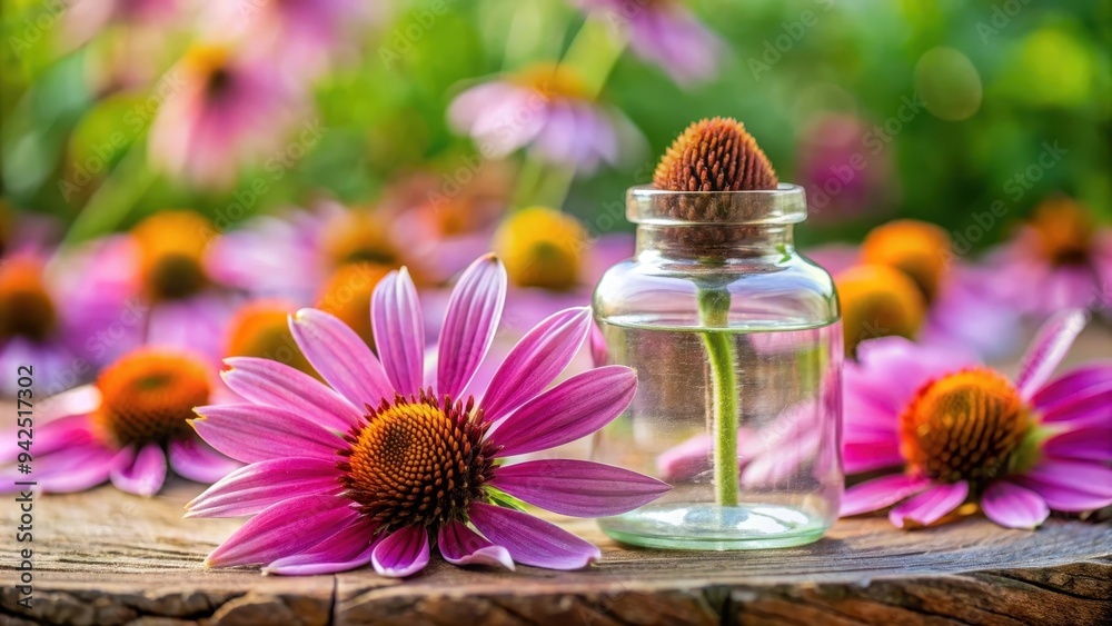 Glass bottle with cork top surrounded by purple coneflowers, symbolizing natural beauty and wellness, glass bottle Glass bottle with cork top surrounded by purple coneflowers, symbolizing natural beauty and wellness, glass bottle