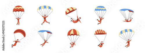 Paragliding flat illustration set. Include of paragliding, flight, adventure, sky, and parachute. Vector illustration isolated transparent background