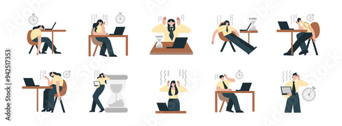 Overwork flat illustration set. Include of tired, office, business, work, stress, and deadline. Vector illustration isolated transparent background