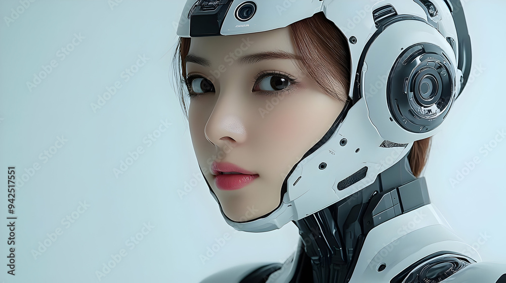 Close-up portrait of a woman wearing a futuristic helmet with a white and black design. Close-up portrait of a woman wearing a futuristic helmet with a white and black design.