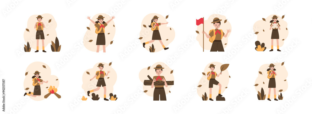 Obraz premium Scout Character flat illustration set. Include of scout, adventure, and education. Vector illustration isolated transparent background