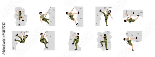 Rock Climbing flat illustration set. Include of rock, climbing, climber, cliff, and adventure. Vector illustration isolated transparent background