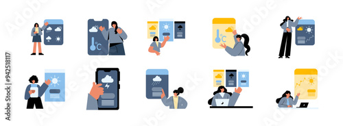 Weather Forecaster flat illustration set. Include of forecasting, people, occupation, broadcasting and climate. Vector illustration isolated transparent background