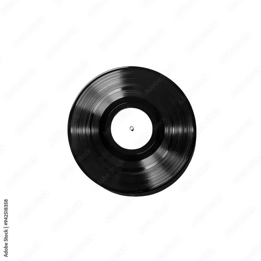 Obraz premium A black vinyl record on a black background. The record is centered in the frame and is in focus. The surface of the record is smooth and shiny.