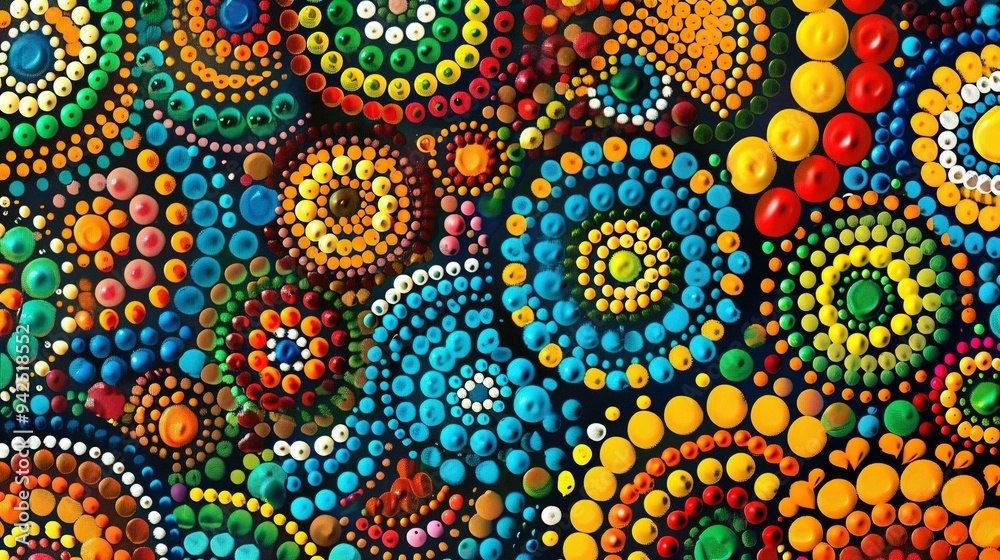 Traditional Australian Aboriginal Dot Painting Artwork in Vibrant Bright Colors