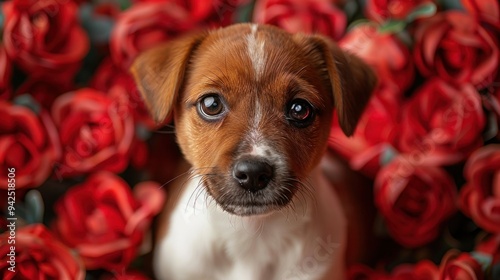 Adorable Jack Russell Terrier Celebrating Valentine's Day with a Bouquet of Flowers