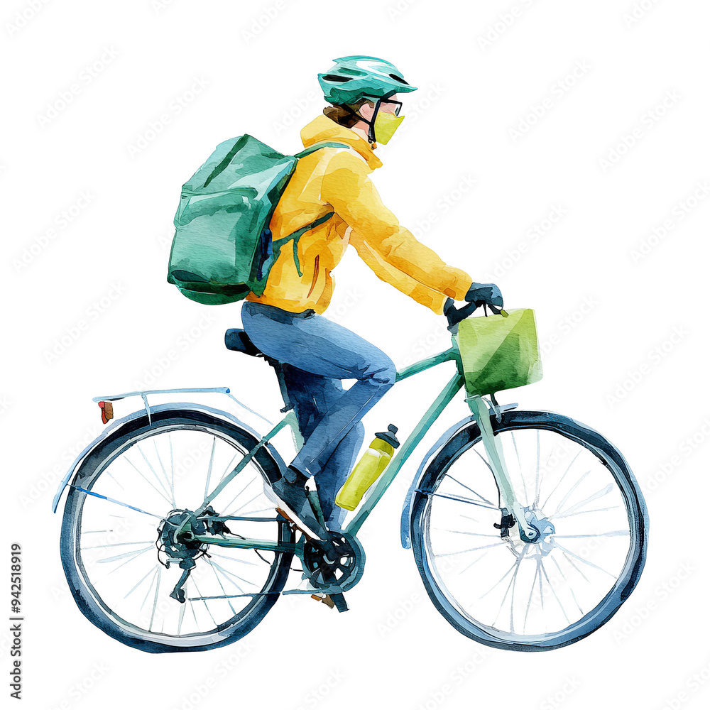 Naklejka premium A cyclist wearing a helmet and a backpack rides a bicycle on a sunny day.