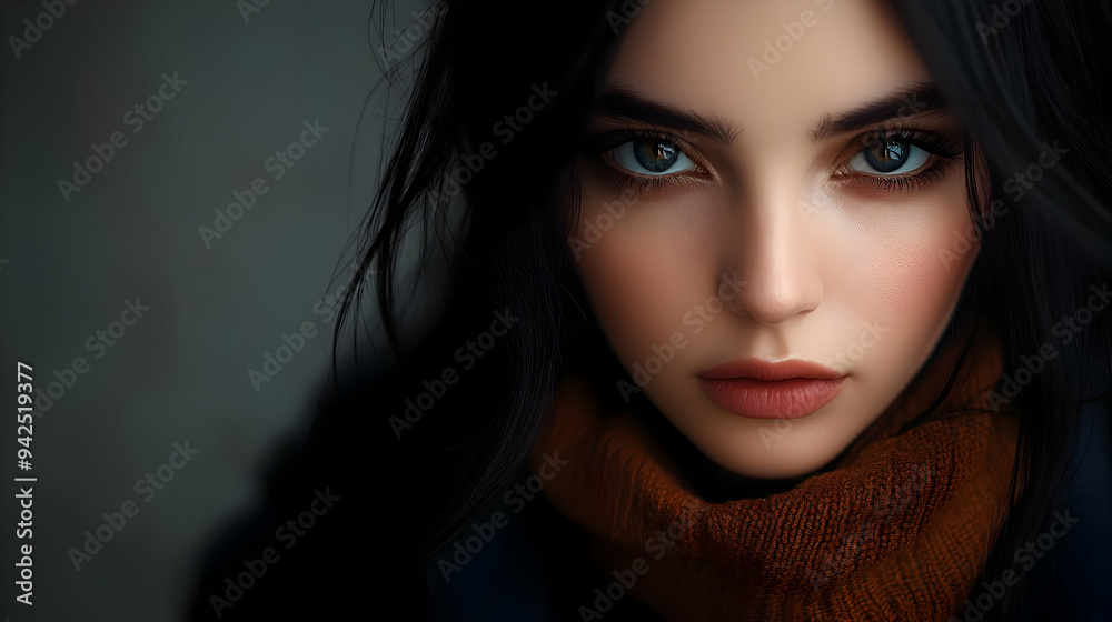 Close-up portrait of a woman with blue eyes and long dark hair. Close-up portrait of a woman with blue eyes and long dark hair.