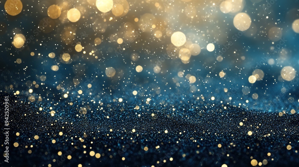 Mesmerizing glitter blue background with bokeh effect, featuring gold sparkles, interstellar nebulae, and ethereal light play. Holiday background decoration, wallpaper, AI generated Mesmerizing glitter blue background with bokeh effect, featuring gold sparkles, interstellar nebulae, and ethereal light play. Holiday background decoration, wallpaper, AI generated
