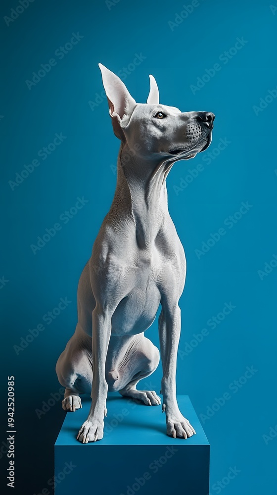 White Hairless Dog Sitting on a Blue Platform White Hairless Dog Sitting on a Blue Platform