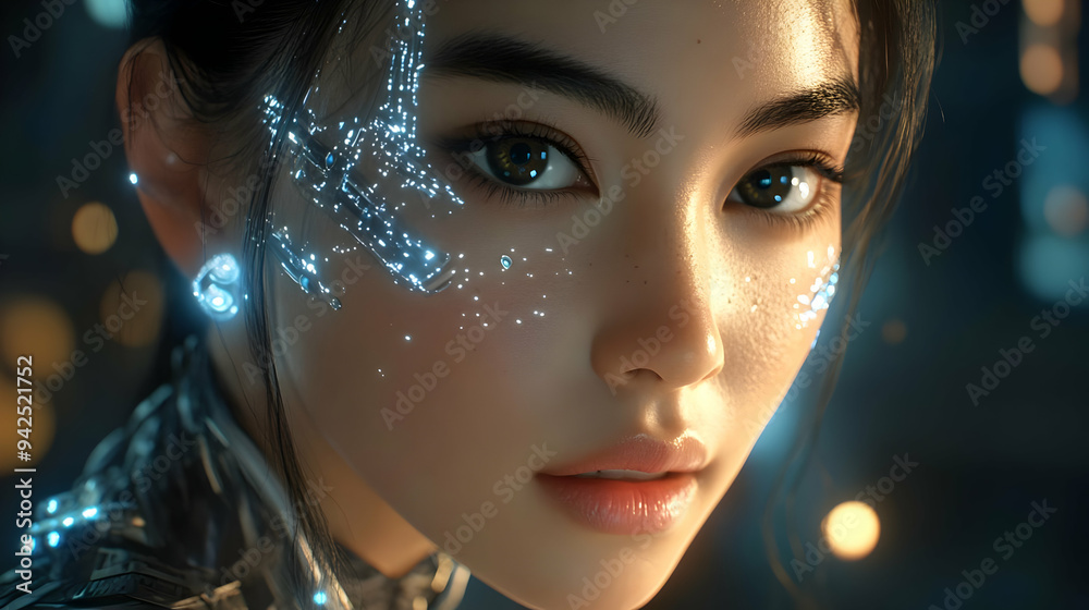 Close-up portrait of a woman with glowing blue lines on her face, looking at the camera.