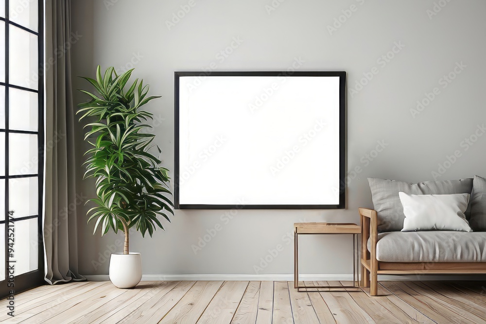 Minimalist Living Room Interior with Blank Frame, Sofa, and Plant Minimalist Living Room Interior with Blank Frame, Sofa, and Plant