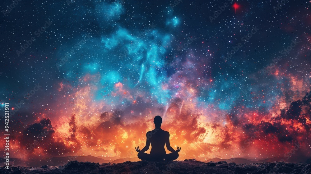 A figure meditating under a starry sky with a glowing aura, symbolizing mindfulness and cosmic awareness, inner peace, spiritual connection A figure meditating under a starry sky with a glowing aura, symbolizing mindfulness and cosmic awareness, inner peace, spiritual connection