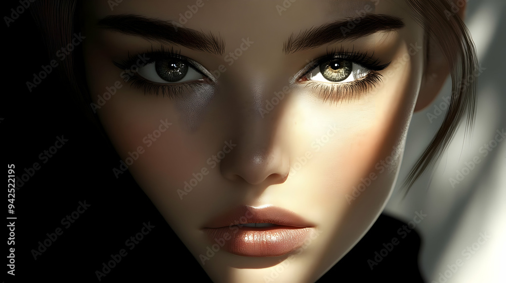 Close-up portrait of a woman with green eyes and soft makeup, illuminated by sunlight. Close-up portrait of a woman with green eyes and soft makeup, illuminated by sunlight.