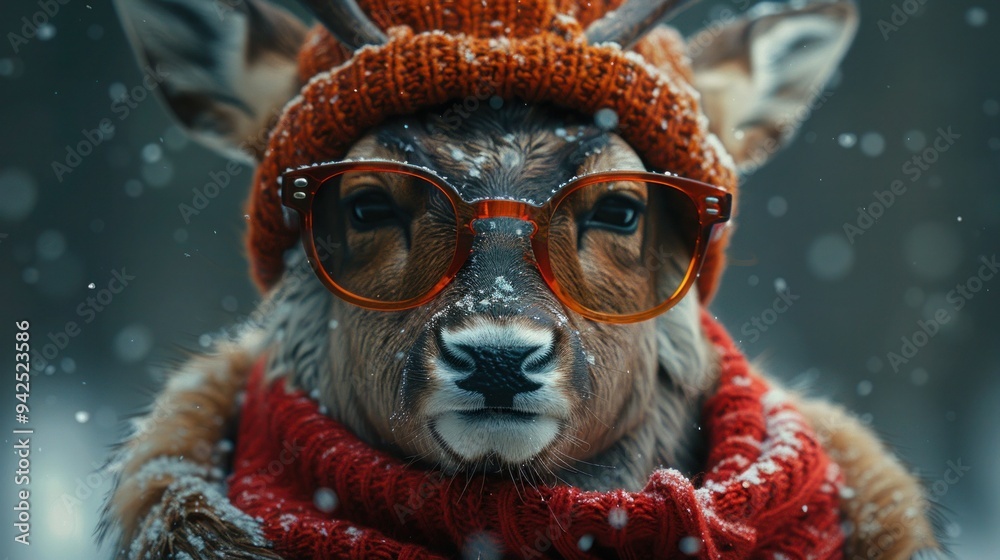 Reindeer Rockstar: Winter Portrait with Sunglasses and Scarf Reindeer Rockstar: Winter Portrait with Sunglasses and Scarf