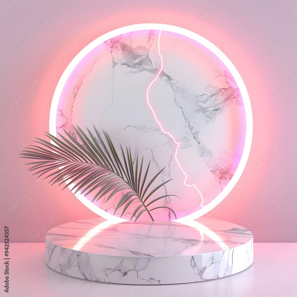 White marble podium with circular neon light and palm leaf on white background vector illustration for product display presentation mockup, minimalistic scene, White marble podium with circular neon light and palm leaf on white background vector illustration for product display presentation mockup, minimalistic scene,