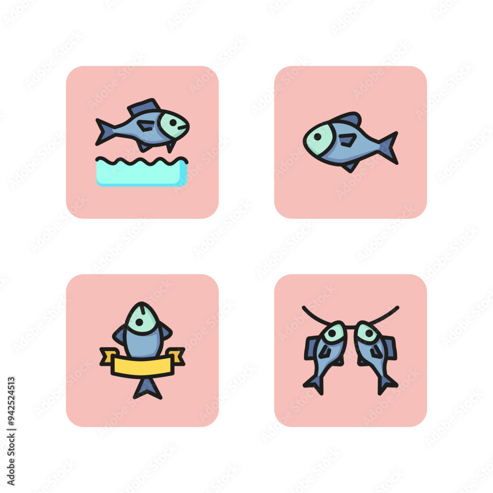 Fototapeta premium Fish line icon set. Fresh catch, marine food, fish market symbol, dried fish. Seafood concept. Can be used for topics like fishing, restaurant menu, aquarium