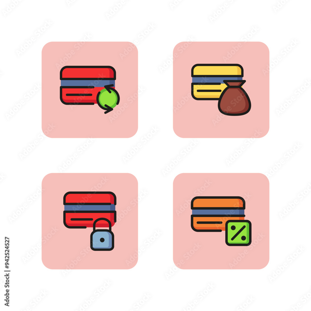 Operations with credit cards icon set. Deposit savings, cash withdrawal fee, renovation, locked card. Banking concept. Vector illustration can be used for topics like payment, finance, money Operations with credit cards icon set. Deposit savings, cash withdrawal fee, renovation, locked card. Banking concept. Vector illustration can be used for topics like payment, finance, money
