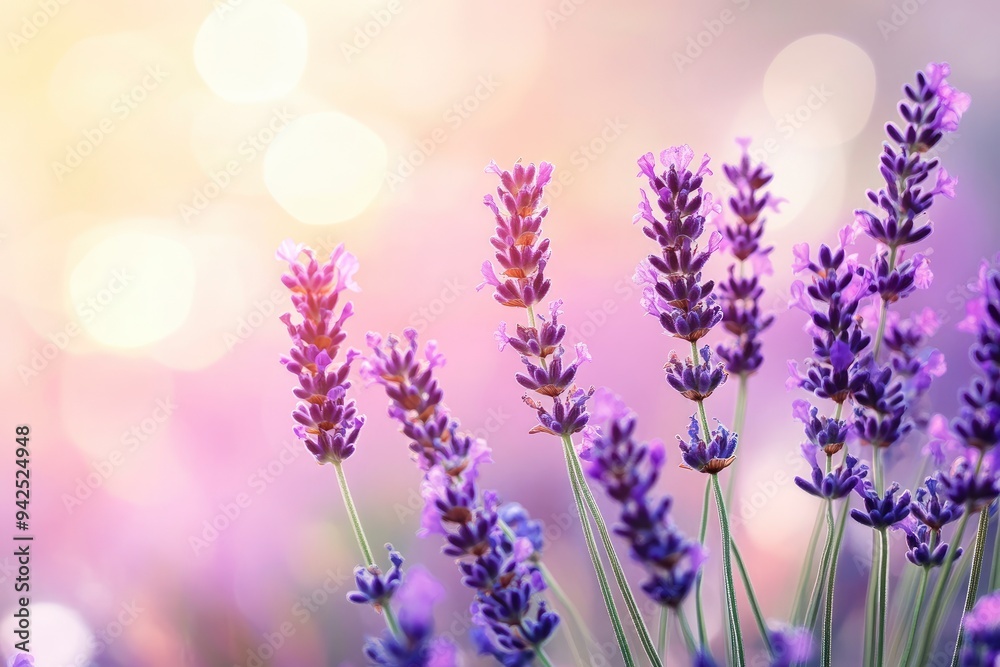 Obraz premium Lavender flowers field, soft focus. Beautiful Nature summer Background. Floral Natural Wallpaper with purple Lavender flowers , ai