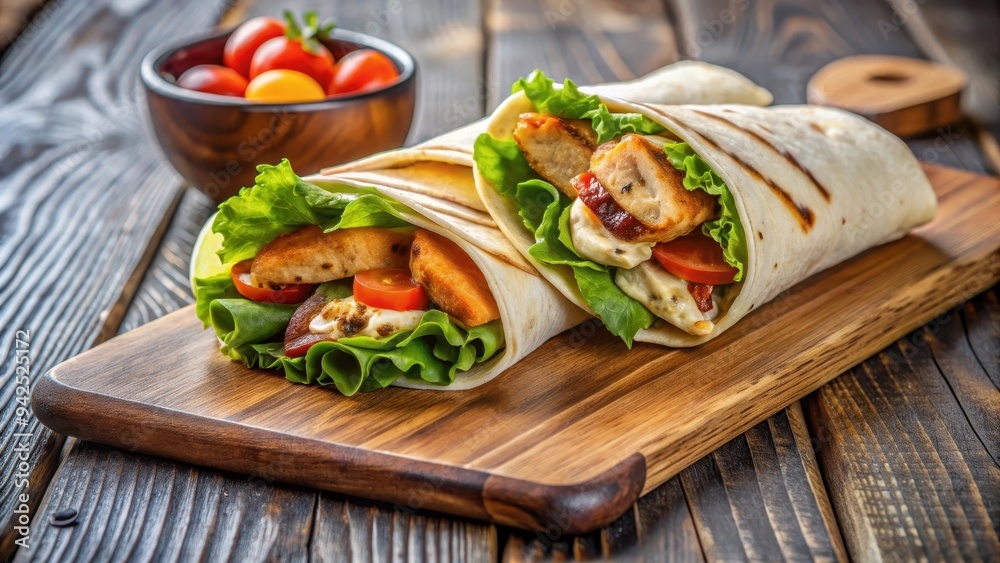 Grilled chicken wrap on a wooden board , Grilled, Chicken, Wrap, Tortilla, Healthy, Sandwich, Lunch, Meal, Food, Fresh Grilled chicken wrap on a wooden board , Grilled, Chicken, Wrap, Tortilla, Healthy, Sandwich, Lunch, Meal, Food, Fresh