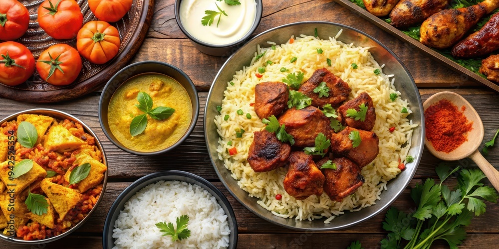 A delicious spread of tandoori dishes served with flavorful rice , tandoori platter, Indian cuisine, grilled chicken A delicious spread of tandoori dishes served with flavorful rice , tandoori platter, Indian cuisine, grilled chicken