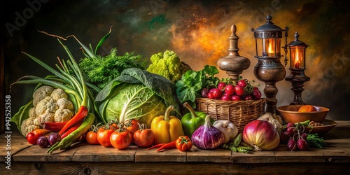 Colorful flemish still life with vibrant vegetables and dramatic baroque lighting