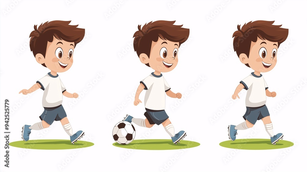 Soccer Boy Animations: A charming cartoon boy in a white jersey and blue shorts, showcasing three dynamic soccer animations - kicking, running, and dribbling. Soccer Boy Animations: A charming cartoon boy in a white jersey and blue shorts, showcasing three dynamic soccer animations - kicking, running, and dribbling.