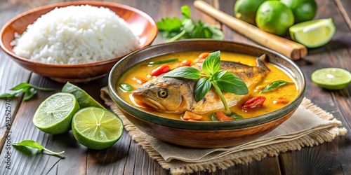 pastel soft focus captures serene moment of steaming hot sour curry with snakehead fish served with side of fragrant jasmine rice and fresh lime photo