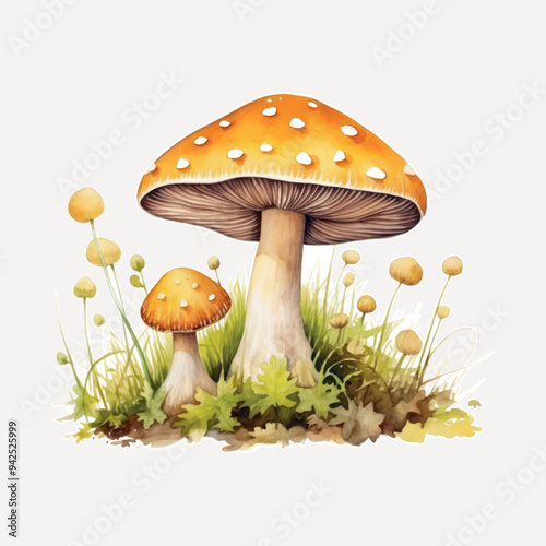 Watercolor mushrooms in nature