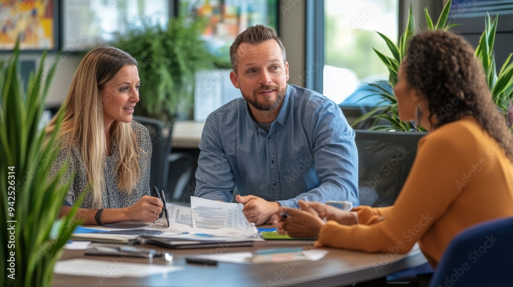Renovation financing consultant discussing loan options with homeowners in a realistic and welcoming office setting. Renovation concept.