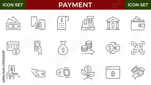 Set of outline icons related to payment methods. Linear icon collection. Vector illustration