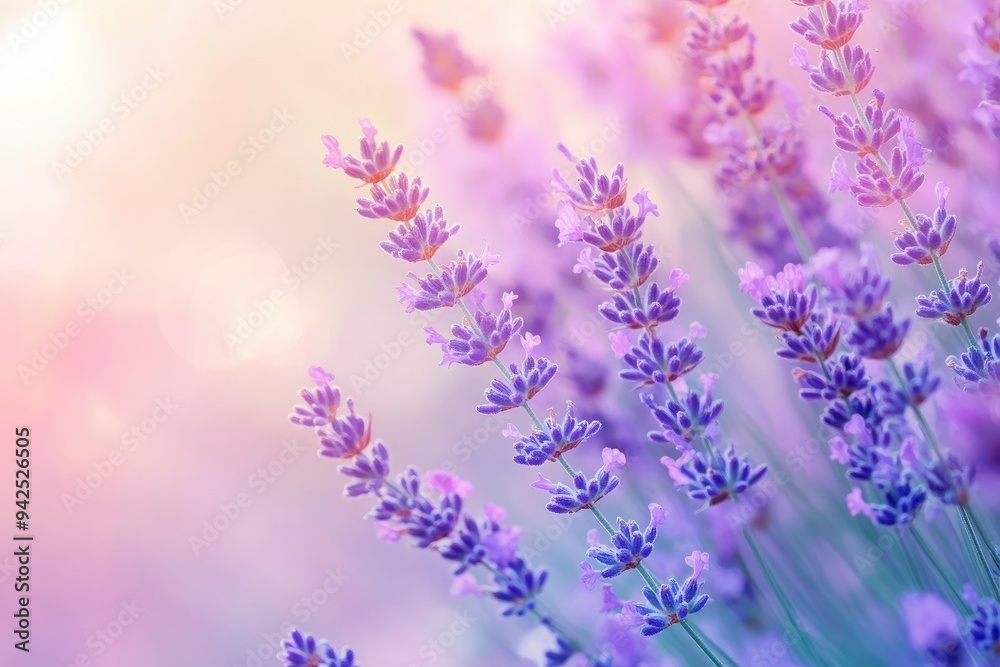 Obraz premium Lavender flowers field, soft focus. Beautiful Nature summer Background. Floral Natural Wallpaper with purple Lavender flowers , ai