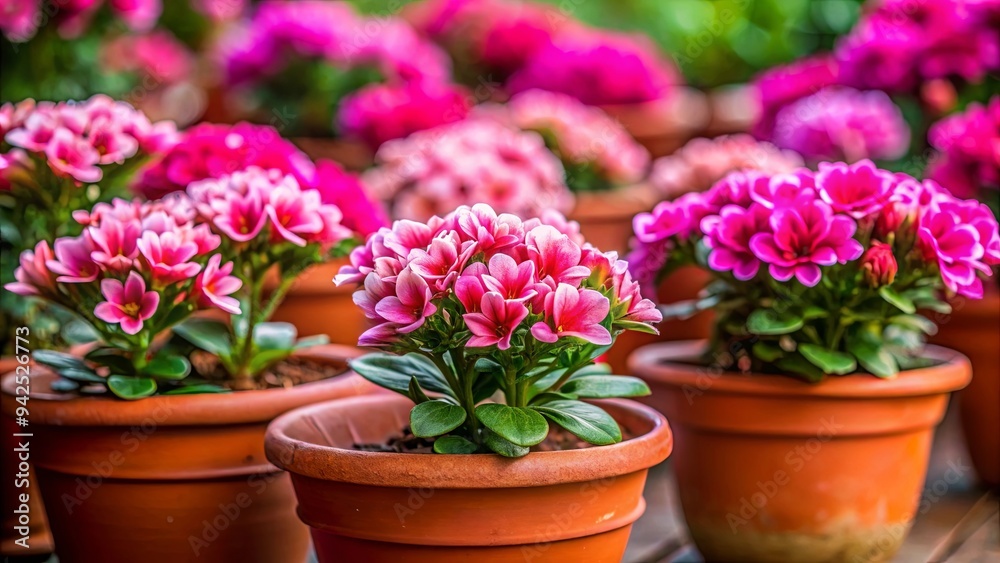 Close up of pink flowering plants in brown pots Close up of pink flowering plants in brown pots