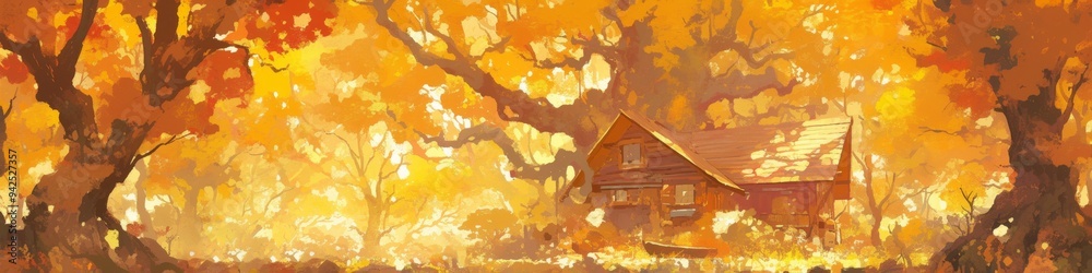 Autumn Serenity: Cozy Cabin in Vibrant Maple Forest - Anime-Style Illustration for Seasonal Marketing and Nature Retreats. Peaceful Lifestyle Scene with Elderly Person in Rocking Chair by Clear Stream Autumn Serenity: Cozy Cabin in Vibrant Maple Forest - Anime-Style Illustration for Seasonal Marketing and Nature Retreats. Peaceful Lifestyle Scene with Elderly Person in Rocking Chair by Clear Stream