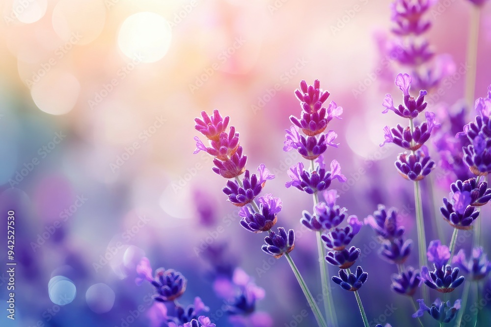 Naklejka premium Lavender flowers field, soft focus. Beautiful Nature summer Background. Floral Natural Wallpaper with purple Lavender flowers , ai
