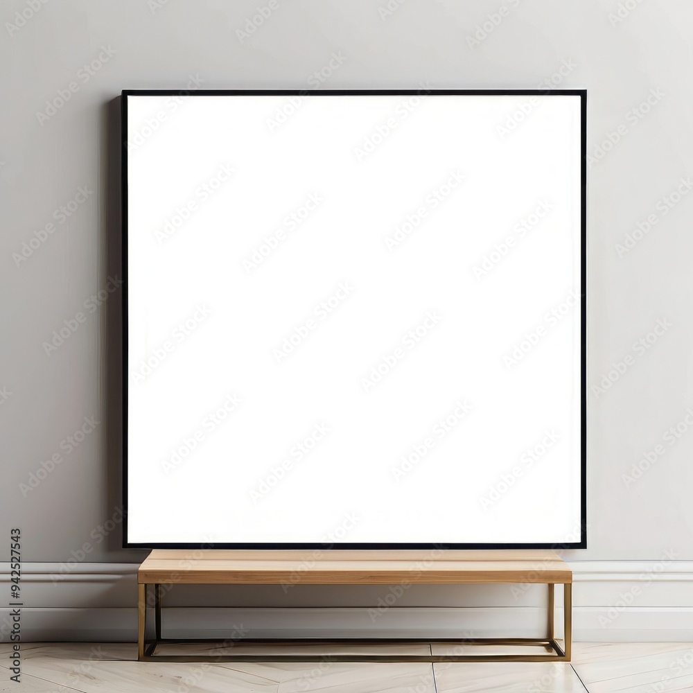 Blank Frame and Wooden Bench Against a White Wall Blank Frame and Wooden Bench Against a White Wall