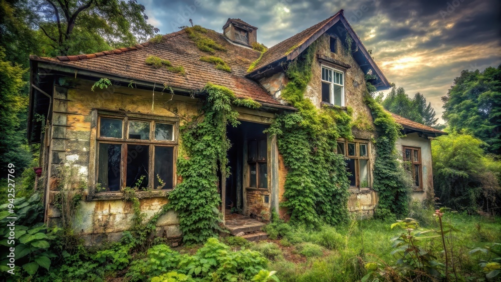Fototapeta premium Creepy old abandoned house with broken windows and overgrown plants, abandoned, spooky, haunted, neglected, eerie