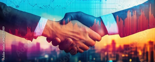 Hands shaking in front of a rising profit chart close up, focus on, copy space, vibrant hues, Double exposure silhouette with business deal photo