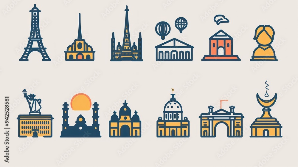 Fototapeta premium Famous Landmarks Line Art Icon Set.