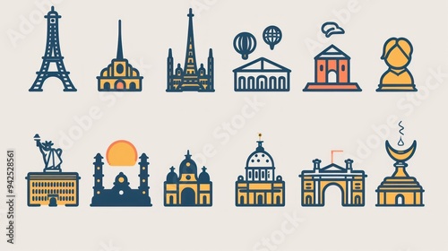 Famous Landmarks Line Art Icon Set.