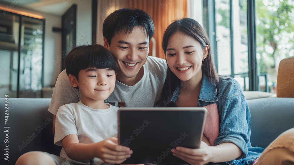 Happy Asian family using tablet, laptop for playing game watching movies, relaxing at home for lifestyle concept Happy Asian family using tablet, laptop for playing game watching movies, relaxing at home for lifestyle concept