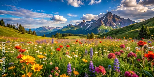 Fototapeta Naklejka Na Ścianę i Meble -  Vibrant wildflowers in a picturesque mountain meadow