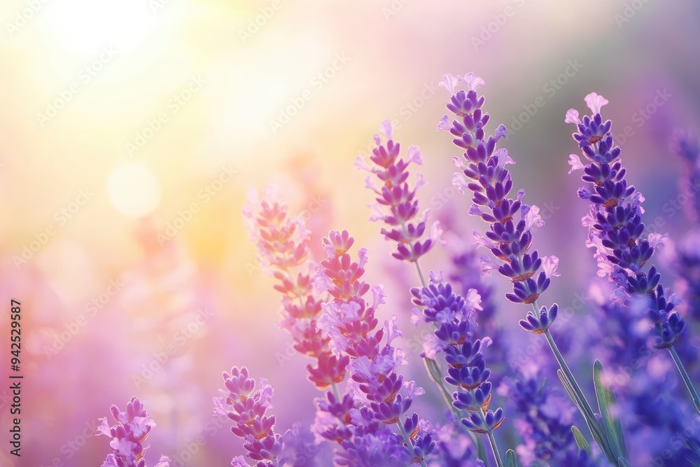 Obraz premium Lavender flowers field, soft focus. Beautiful Nature summer Background. Floral Natural Wallpaper with purple Lavender flowers , ai