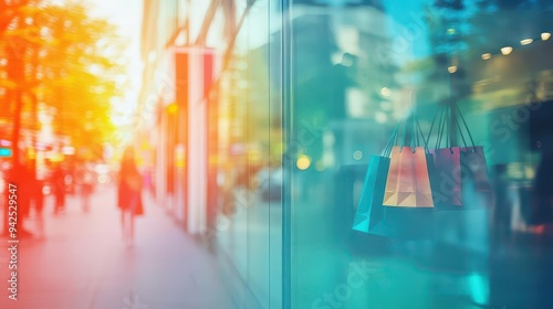 Hot summer sale, business storefront with promotions close up, focus on, copy space, bright tones, Double exposure silhouette with shopping bags