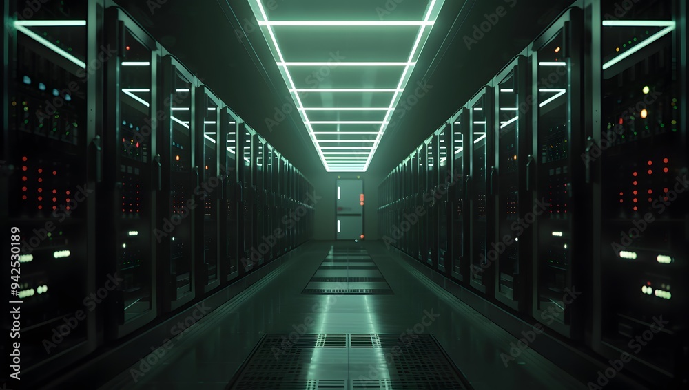 Server room. Modern dark data center with rows of server cabinets illuminated by bright lights, creating an atmosphere reminiscent of the film Server room. Modern dark data center with rows of server cabinets illuminated by bright lights, creating an atmosphere reminiscent of the film