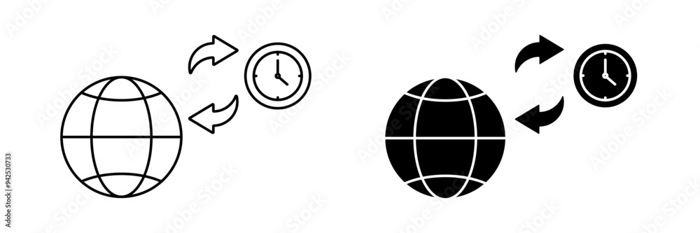 global time icon set. clock and globe transfer symbols. modern design isolated on white background global time icon set. clock and globe transfer symbols. modern design isolated on white background