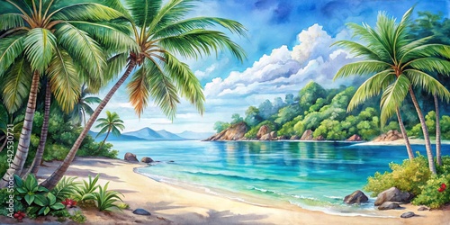 Colorful tropical watercolor painting of a beach holiday, featuring palm trees, crystal blue waters, sandy shores, and exotic flora and fauna